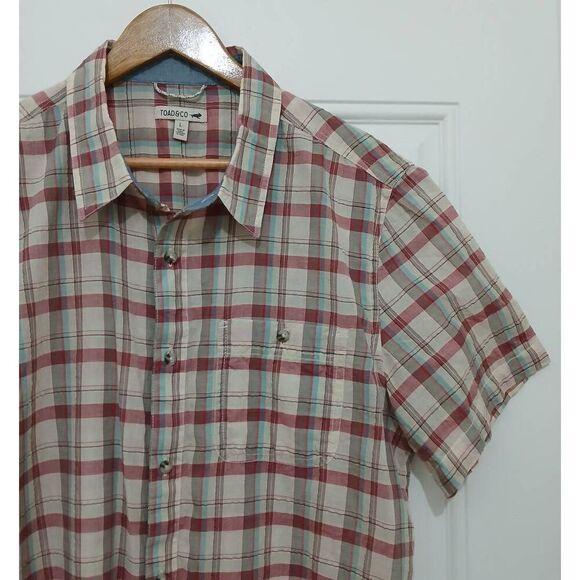 Toad and co mens lightweight organic cotton thin shirt plaid red tan - Picture 3 of 7